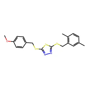 2-((2,5-Dimethylbenzyl)sulfanyl)-5-((4-methoxybenzyl)sulfanyl)-1,3,4-thiadiazole structure