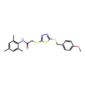 2-({5-[(4-methoxybenzyl)sulfanyl]-1,3,4-thiadiazol-2-yl}sulfanyl)-N-(2,4,6-trimethylphenyl)acetamide structure