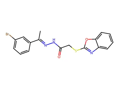(Z)-2-(benzo[d]oxazol-2-ylthio)-N'-(1-(3-bromophenyl)ethylidene)acetohydrazide structure