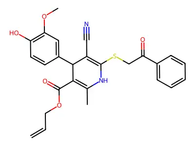 allyl 5-cyano-4-(4-hydroxy-3-methoxyphenyl)-2-methyl-6-((2-oxo-2-phenylethyl)thio)-1,4-dihydropyridine-3-carboxylate structure