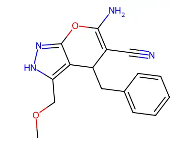 6-amino-4-benzyl-3-(methoxymethyl)-2,4-dihydropyrano[2,3-c]pyrazole-5-carbonitrile structure