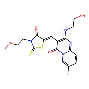 (Z)-5-((2-((2-hydroxyethyl)amino)-7-methyl-4-oxo-4H-pyrido[1,2-a]pyrimidin-3-yl)methylene)-3-(2-methoxyethyl)-2-thioxothiazolidin-4-one structure
