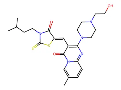 2-[4-(2-hydroxyethyl)piperazin-1-yl]-7-methyl-3-{(Z)-[3-(3-methylbutyl)-4-oxo-2-thioxo-1,3-thiazolidin-5-ylidene]methyl}-4H-pyrido[1,2-a]pyrimidin-4-one structure
