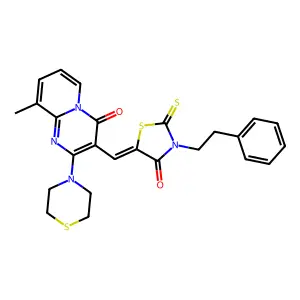 9-methyl-3-{(Z)-[4-oxo-3-(2-phenylethyl)-2-thioxo-1,3-thiazolidin-5-ylidene]methyl}-2-(thiomorpholin-4-yl)-4H-pyrido[1,2-a]pyrimidin-4-one structure