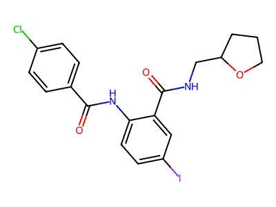 2-[(4-chlorobenzoyl)amino]-5-iodo-N-(tetrahydro-2-furanylmethyl)benzamide structure