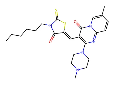 3-[(Z)-(3-hexyl-4-oxo-2-thioxo-1,3-thiazolidin-5-ylidene)methyl]-7-methyl-2-(4-methylpiperazin-1-yl)-4H-pyrido[1,2-a]pyrimidin-4-one structure