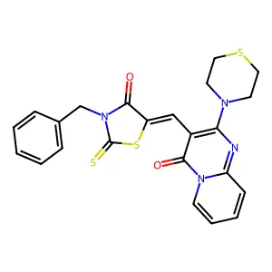 3-[(Z)-(3-benzyl-4-oxo-2-thioxo-1,3-thiazolidin-5-ylidene)methyl]-2-(thiomorpholin-4-yl)-4H-pyrido[1,2-a]pyrimidin-4-one structure