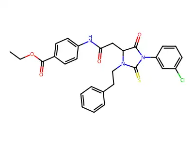 ethyl 4-[[2-[1-(3-chlorophenyl)-5-oxo-3-(2-phenylethyl)-2-sulfanylideneimidazolidin-4-yl]acetyl]amino]benzoate structure