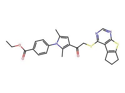 ethyl 4-[2,5-dimethyl-3-(2-{7-thia-9,11-diazatricyclo[6.4.0.0^{2,6}]dodeca-1(12),2(6),8,10-tetraen-12-ylsulfanyl}acetyl)-1H-pyrrol-1-yl]benzoate structure