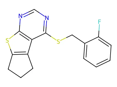 12-{[(2-fluorophenyl)methyl]sulfanyl}-7-thia-9,11-diazatricyclo[6.4.0.0^{2,6}]dodeca-1(12),2(6),8,10-tetraene structure