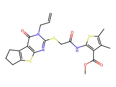 methyl 4,5-dimethyl-2-(2-{[12-oxo-11-(prop-2-en-1-yl)-7-thia-9,11-diazatricyclo[6.4.0.0^{2,6}]dodeca-1(8),2(6),9-trien-10-yl]sulfanyl}acetamido)thiophene-3-carboxylate structure