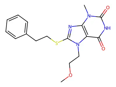 7-(2-methoxyethyl)-3-methyl-8-(phenethylthio)-1H-purine-2,6(3H,7H)-dione structure
