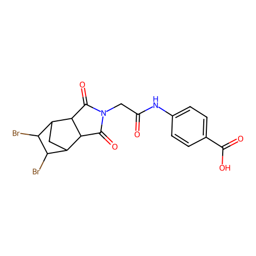 4-{[(5,6-dibromo-1,3-dioxooctahydro-2H-4,7-methanoisoindol-2-yl)acetyl]amino}benzoic acid structure
