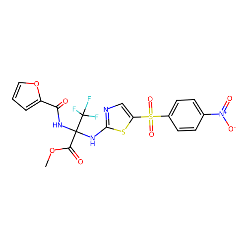 (S)-methyl 3,3,3-trifluoro-2-(furan-2-carboxamido)-2-((5-((4-nitrophenyl)sulfonyl)thiazol-2-yl)amino)propanoate structure