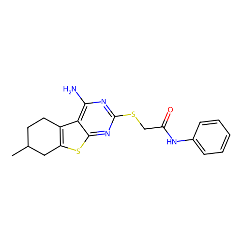 2-((4-amino-7-methyl-5,6,7,8-tetrahydrobenzo[4,5]thieno[2,3-d]pyrimidin-2-yl)thio)-N-phenylacetamide structure
