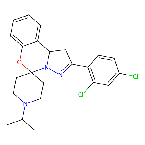 2'-(2,4-dichlorophenyl)-1-(propan-2-yl)-1',10b'-dihydrospiro[piperidine-4,5'-pyrazolo[1,5-c][1,3]benzoxazine] structure