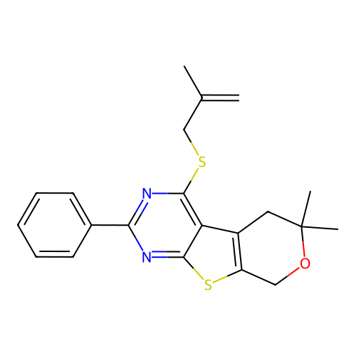 6,6-dimethyl-4-((2-methylallyl)thio)-2-phenyl-6,8-dihydro-5H-pyrano[4',3':4,5]thieno[2,3-d]pyrimidine structure