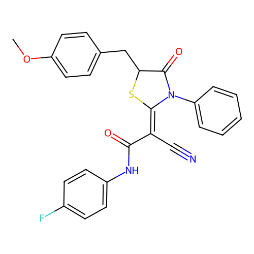 (2Z)-2-cyano-N-(4-fluorophenyl)-2-[5-(4-methoxybenzyl)-4-oxo-3-phenyl-1,3-thiazolidin-2-ylidene]ethanamide structure