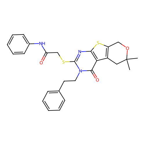 2-((6,6-dimethyl-4-oxo-3-phenethyl-4,5,6,8-tetrahydro-3H-pyrano[4',3':4,5]thieno[2,3-d]pyrimidin-2-yl)thio)-N-phenylacetamide structure