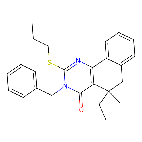 3-benzyl-5-ethyl-5-methyl-2-propylsulfanyl-6H-benzo[h]quinazolin-4-one structure
