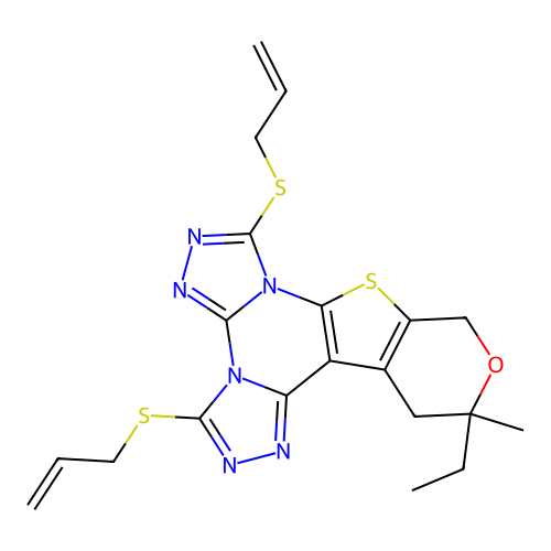 12-ethyl-12-methyl-3,7-bis(prop-2-en-1-ylsulfanyl)-12,13-dihydro-10H-pyrano[4',3':4,5]thieno[3,2-e]bis[1,2,4]triazolo[4,3-a:4',3'-c]pyrimidine structure