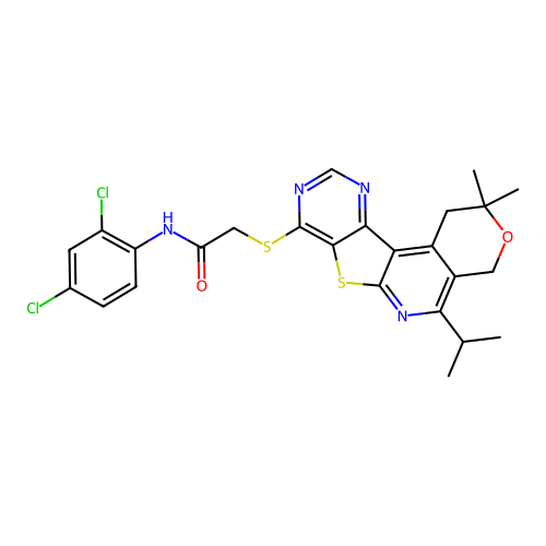 N-(2,4-dichlorophenyl)-2-((5-isopropyl-2,2-dimethyl-2,4-dihydro-1H-pyrano[4'',3'':4',5']pyrido[3',2':4,5]thieno[3,2-d]pyrimidin-8-yl)thio)acetamide structure