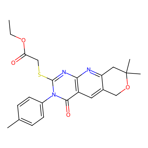 ethyl {[8,8-dimethyl-3-(4-methylphenyl)-4-oxo-3,6,8,9-tetrahydro-4H-pyrano[3',4':5,6]pyrido[2,3-d]pyrimidin-2-yl]sulfanyl}acetate structure