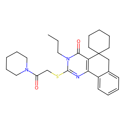 2-((2-oxo-2-(piperidin-1-yl)ethyl)thio)-3-propyl-3H-spiro[benzo[h]quinazoline-5,1'-cyclohexan]-4(6H)-one structure