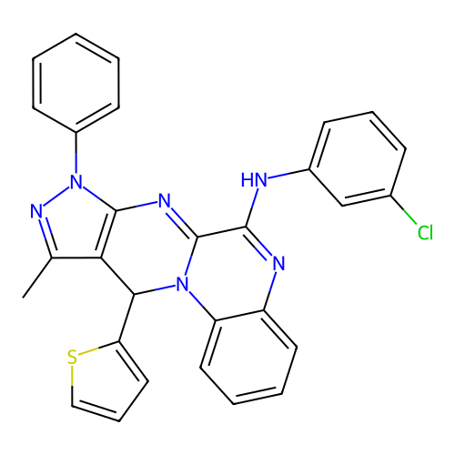 N-(3-chlorophenyl)-10-methyl-8-phenyl-11-(thiophen-2-yl)-8,11-dihydropyrazolo[3',4':4,5]pyrimido[1,2-a]quinoxalin-6-amine structure