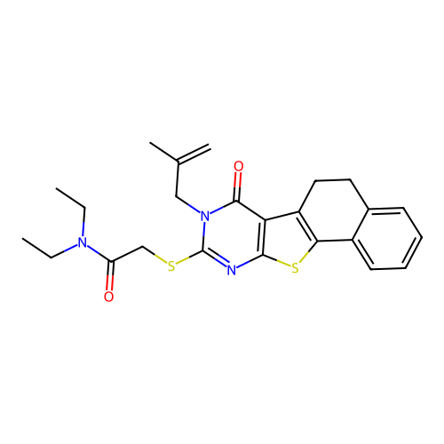 N,N-diethyl-2-((8-(2-methylallyl)-7-oxo-5,6,7,8-tetrahydronaphtho[2',1':4,5]thieno[2,3-d]pyrimidin-9-yl)thio)acetamide structure