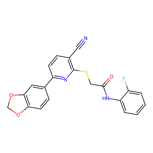 2-((6-(benzo[d][1,3]dioxol-5-yl)-3-cyanopyridin-2-yl)thio)-N-(2-fluorophenyl)acetamide structure