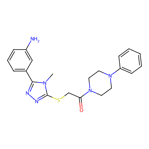 2-((5-(3-aminophenyl)-4-methyl-4H-1,2,4-triazol-3-yl)thio)-1-(4-phenylpiperazin-1-yl)ethanone structure