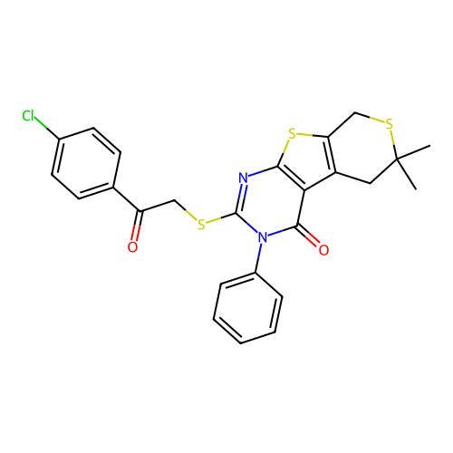2-((2-(4-chlorophenyl)-2-oxoethyl)thio)-6,6-dimethyl-3-phenyl-5,6-dihydro-3H-thiopyrano[4',3':4,5]thieno[2,3-d]pyrimidin-4(8H)-one structure