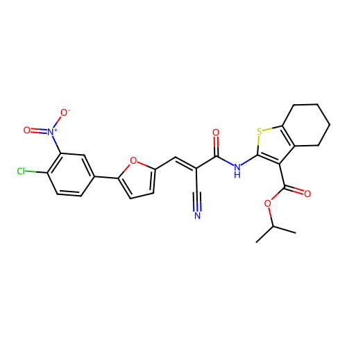 (E)-isopropyl 2-(3-(5-(4-chloro-3-nitrophenyl)furan-2-yl)-2-cyanoacrylamido)-4,5,6,7-tetrahydrobenzo[b]thiophene-3-carboxylate structure