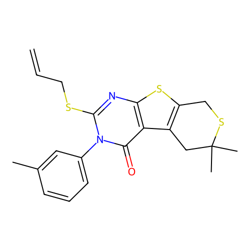 2-(allylthio)-6,6-dimethyl-3-(m-tolyl)-5,6-dihydro-3H-thiopyrano[4',3':4,5]thieno[2,3-d]pyrimidin-4(8H)-one structure