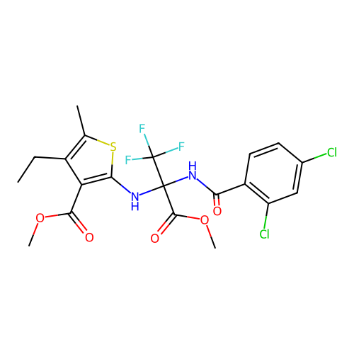 (S)-methyl 2-((2-(2,4-dichlorobenzamido)-1,1,1-trifluoro-3-methoxy-3-oxopropan-2-yl)amino)-4-ethyl-5-methylthiophene-3-carboxylate structure