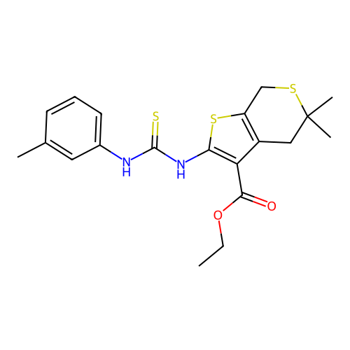 5,5-Dimethyl-2-(3-m-tolyl-thioureido)-4,7-dihydro-5H-thieno[2,3-c]thiopyran-3-carboxylic acid ethyl ester structure