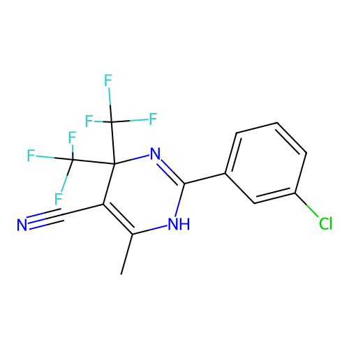 2-(3-chlorophenyl)-6-methyl-4,4-bis(trifluoromethyl)-1,4-dihydropyrimidine-5-carbonitrile structure