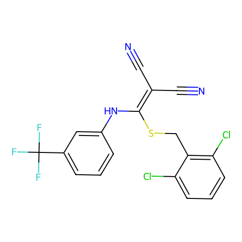 2-(((2,6-dichlorobenzyl)thio)((3-(trifluoromethyl)phenyl)amino)methylene)malononitrile structure