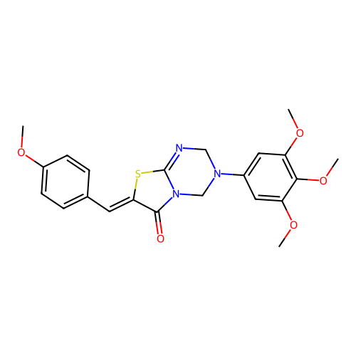 (Z)-7-(4-methoxybenzylidene)-3-(3,4,5-trimethoxyphenyl)-3,4-dihydro-2H-thiazolo[3,2-a][1,3,5]triazin-6(7H)-one structure
