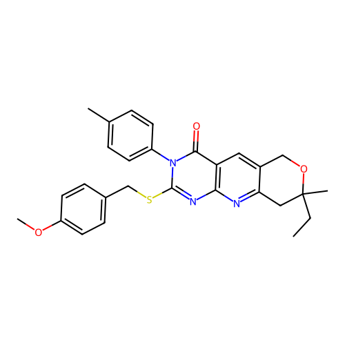 8-ethyl-2-((4-methoxybenzyl)thio)-8-methyl-3-(p-tolyl)-8,9-dihydro-3H-pyrano[3',4':5,6]pyrido[2,3-d]pyrimidin-4(6H)-one structure