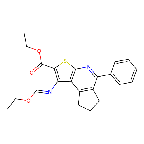 (E)-ethyl 1-((ethoxymethylene)amino)-5-phenyl-7,8-dihydro-6H-cyclopenta[d]thieno[2,3-b]pyridine-2-carboxylate structure