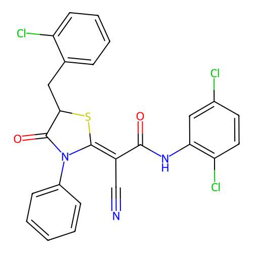 (2Z)-2-[5-(2-chlorobenzyl)-4-oxo-3-phenyl-1,3-thiazolidin-2-ylidene]-2-cyano-N-(2,5-dichlorophenyl)ethanamide structure
