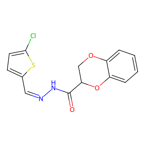 N-[(Z)-(5-chlorothiophen-2-yl)methylideneamino]-2,3-dihydro-1,4-benzodioxine-3-carboxamide structure