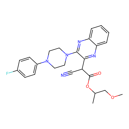 1-methoxypropan-2-yl 2-cyano-2-[3-[4-(4-fluorophenyl)piperazin-1-yl]quinoxalin-2-yl]acetate structure