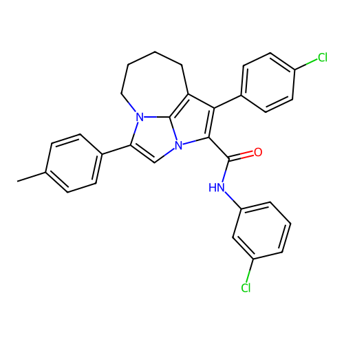 N-(3-chlorophenyl)-1-(4-chlorophenyl)-4-(4-methylphenyl)-5,6,7,8-tetrahydro-2a,4a-diazacyclopenta[cd]azulene-2-carboxamide structure