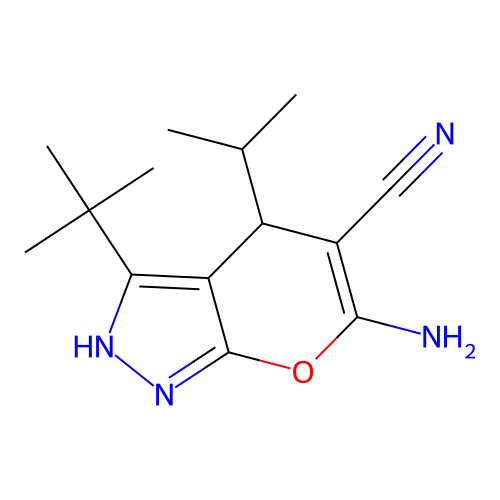 6-amino-3-(tert-butyl)-4-isopropyl-2,4-dihydropyrano[2,3-c]pyrazole-5-carbonitrile structure