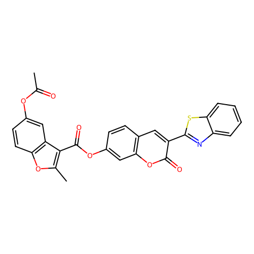 (3-benzothiazol-2-yl-2-oxo-chromen-7-yl) 5-acetyloxy-2-methyl-benzofuran-3-carboxylate structure