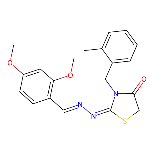 (E)-2-((E)-(2,4-dimethoxybenzylidene)hydrazono)-3-(2-methylbenzyl)thiazolidin-4-one structure