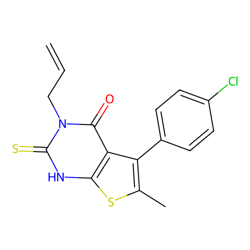 5-(4-chlorophenyl)-6-methyl-3-prop-2-enyl-2-thioxo-1,3-dihydrothiopheno[2,3-d] pyrimidin-4-one structure